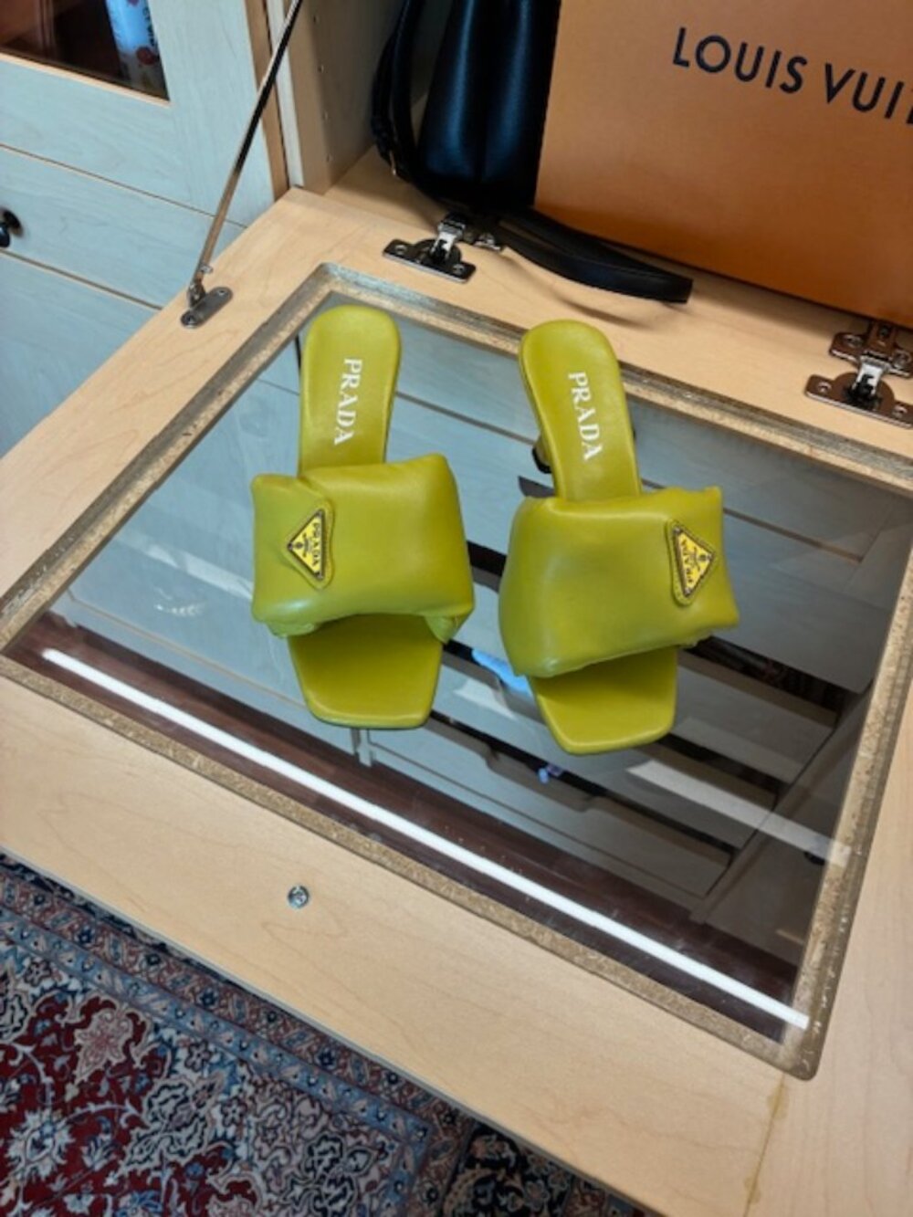 Prada Yellowish Enameled Metal Triangle Leather Size 37 Slides - Picture 3 of 7